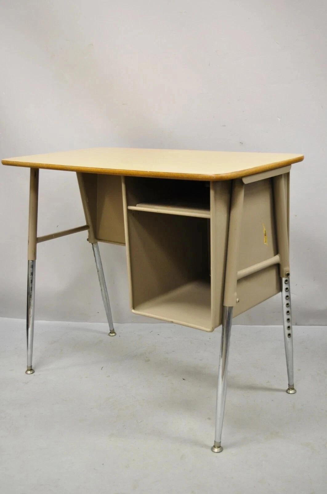 Vintage Industrial Adjustable Height Metal School Writing Desk With Laminate Top For Sale 6