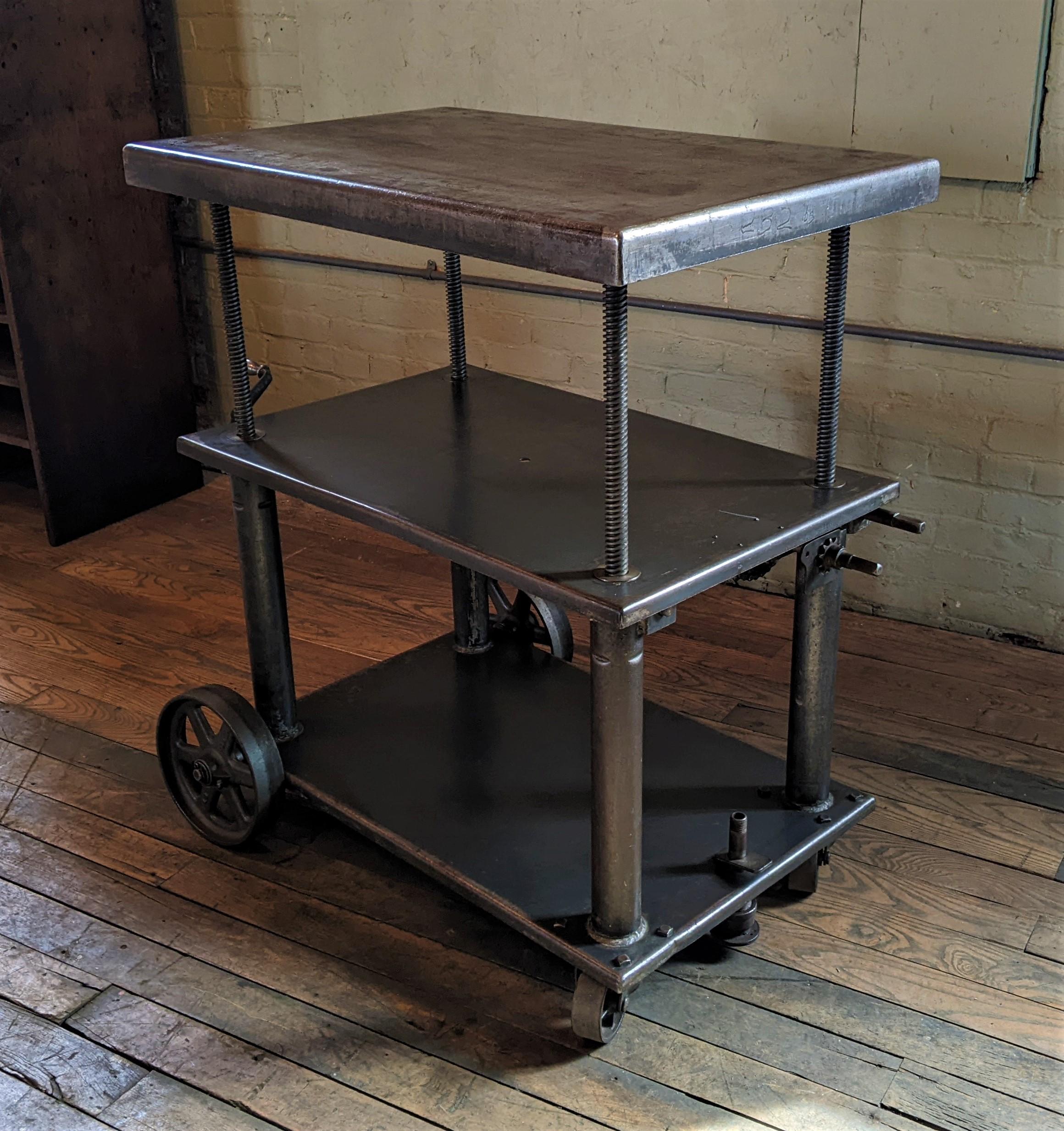 American Vintage Industrial Adjustable Metal Die Lift Cart / Table
