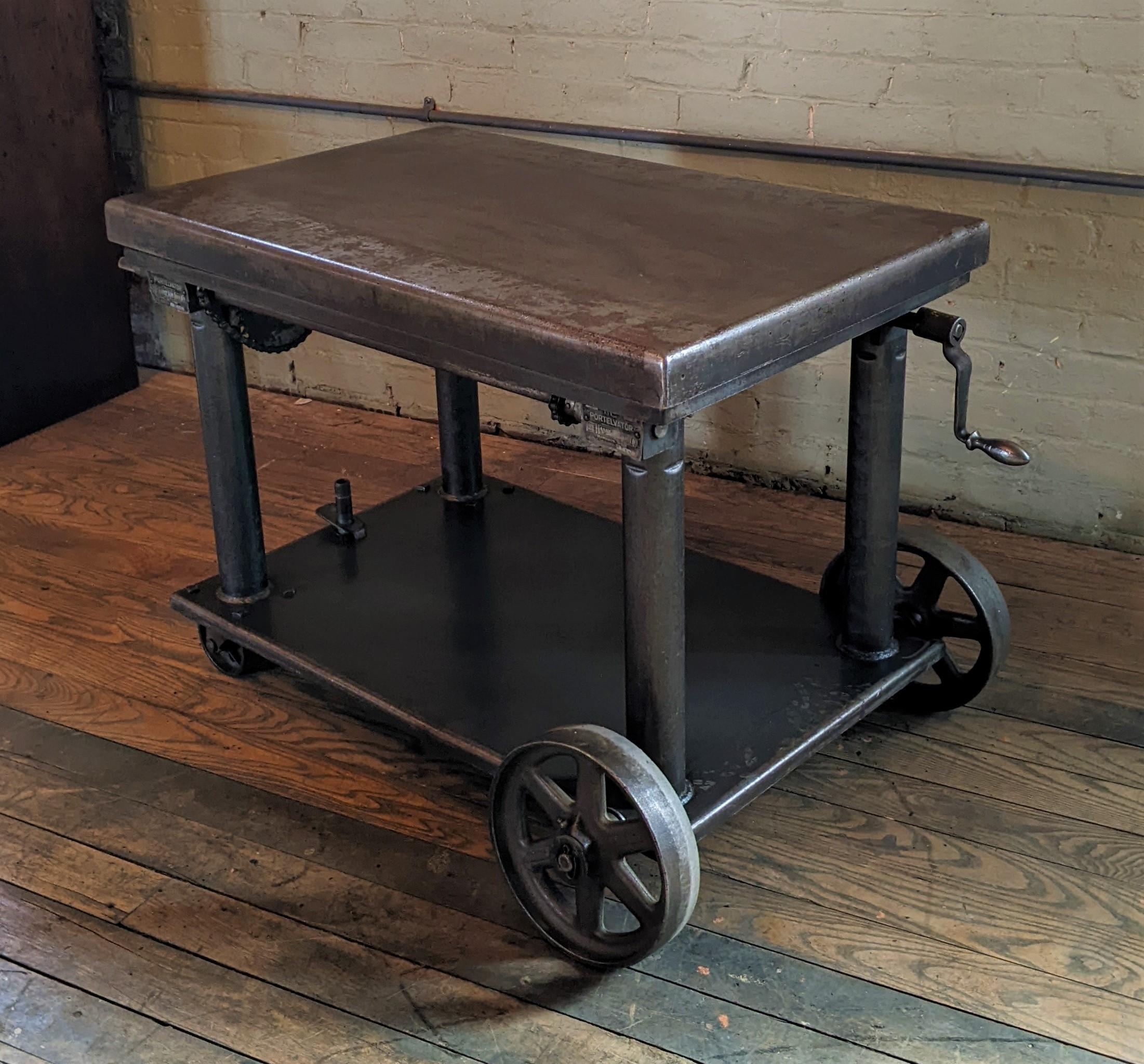 20th Century Vintage Industrial Adjustable Metal Die Lift Cart / Table