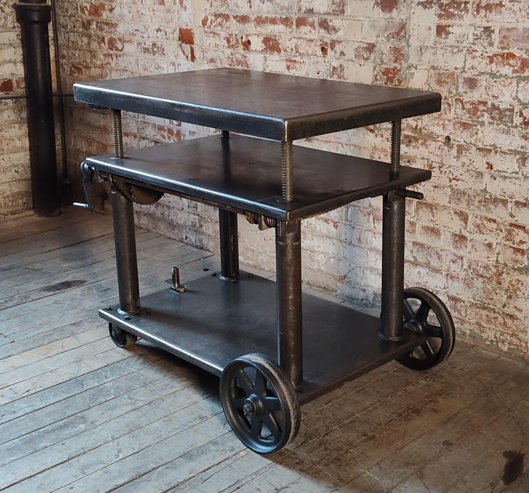 Vintage Industrial Adjustable Rolling Bar Cart In Good Condition In Oakville, CT