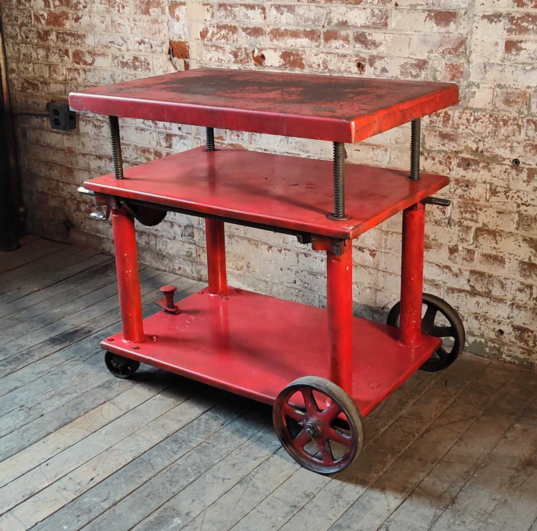 Vintage Industrial Adjustable Steel Rolling Bar Cart In Good Condition In Oakville, CT