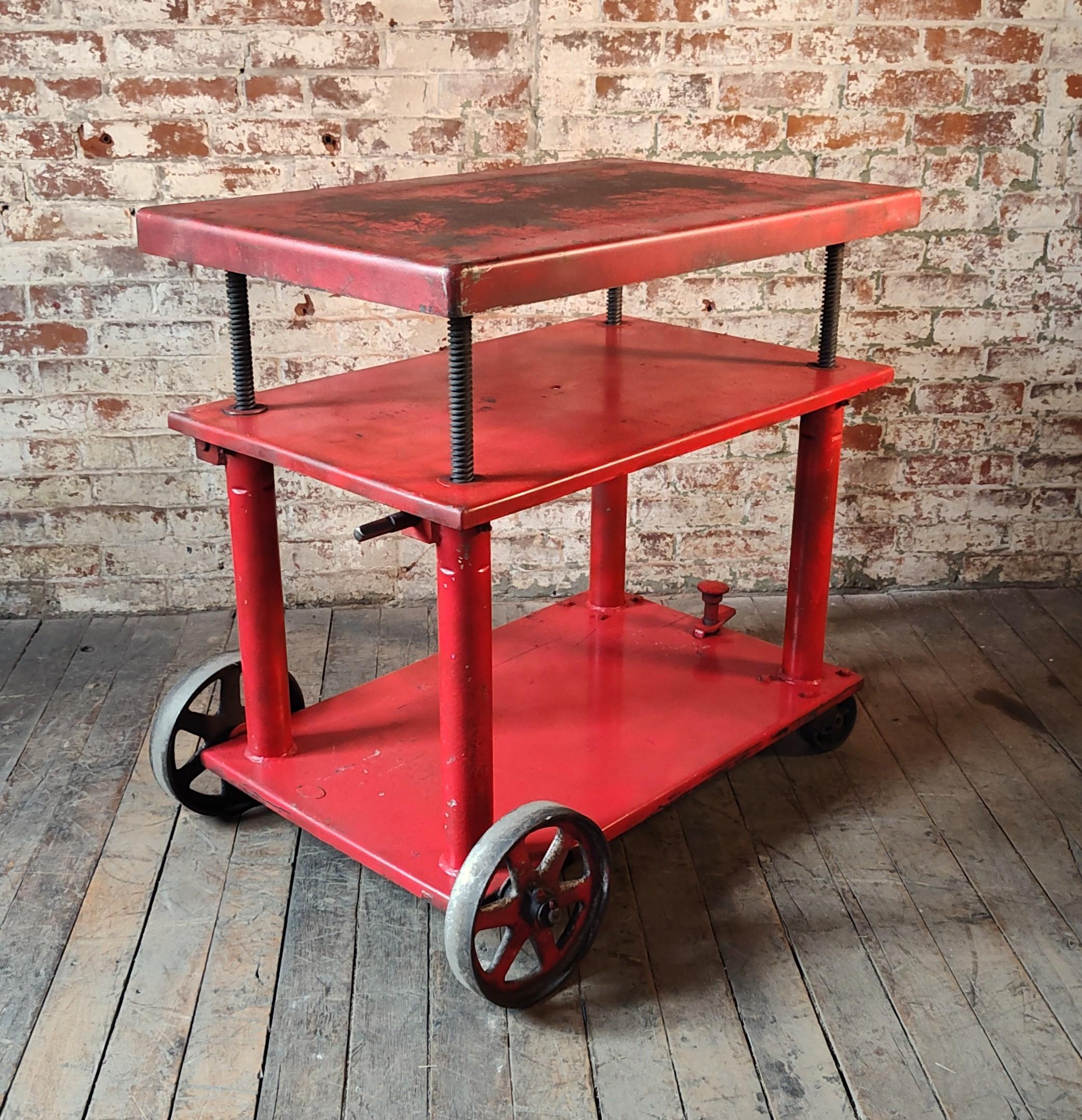 20th Century Vintage Industrial Adjustable Steel Rolling Bar Cart