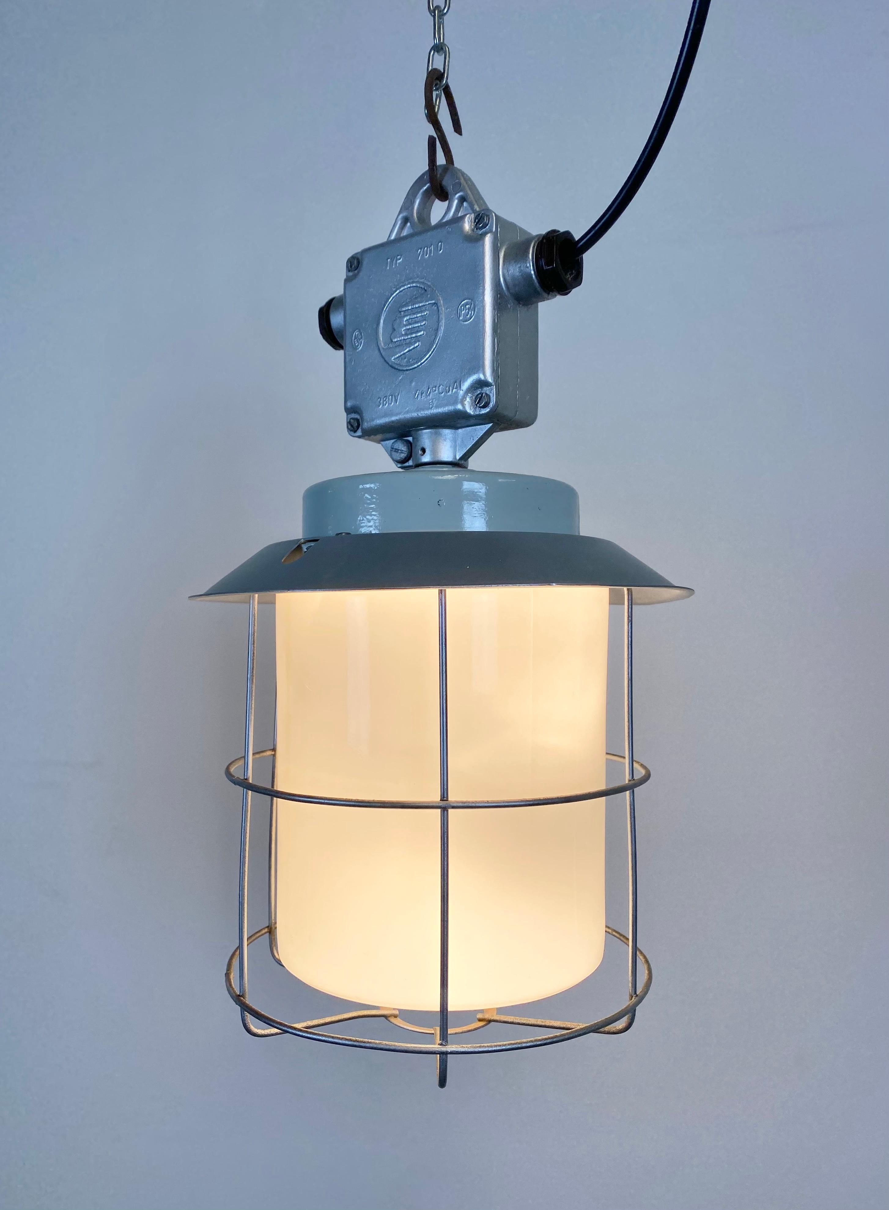 Aluminum Vintage Industrial Aluminium Lamp with Milk Glass, 1970s For Sale