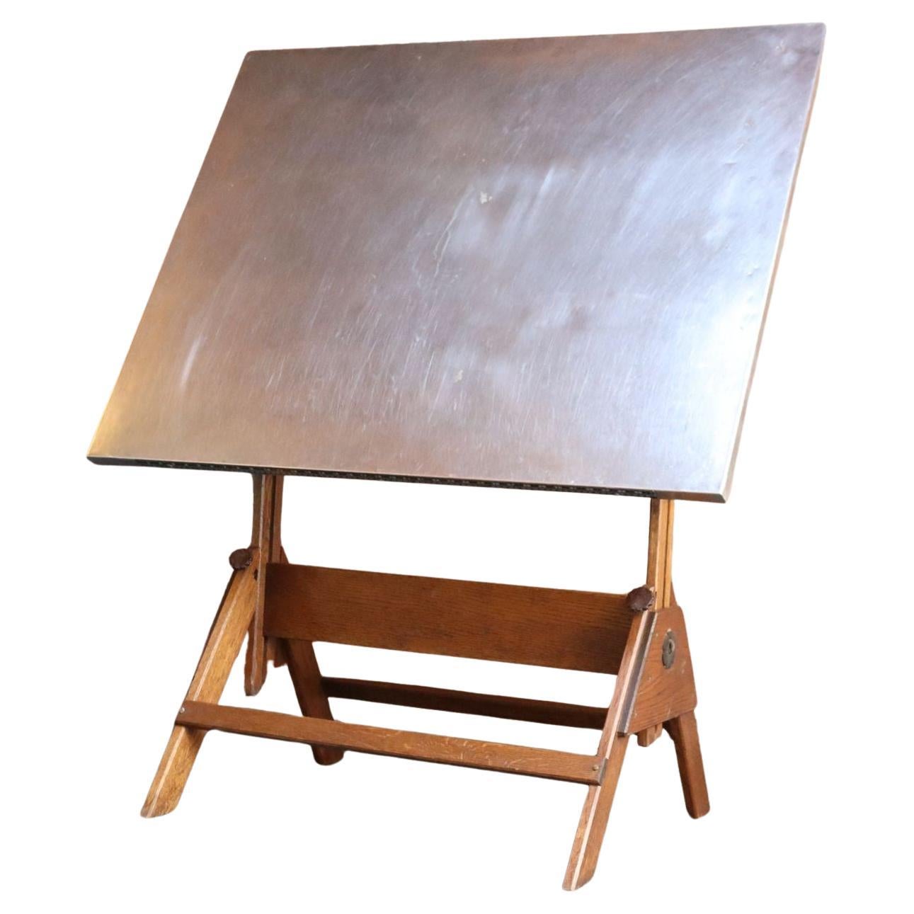 Mesa de dibujo industrial vintage Anco Bilt de hierro fundido y roble con superficie de acero