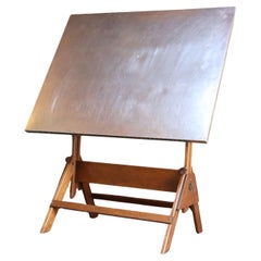Vintage Industrial Anco Bilt Cast Iron and Oak Drafting Table with Steel Surface