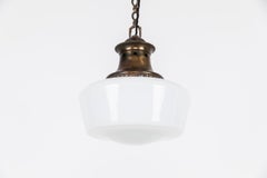 Vintage Industrial Antique Brass GEC Opaline Glass Ceiling Pendant Light c.1930