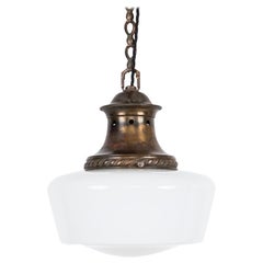 Vintage Industrial Antique Brass GEC Opaline Glass Ceiling Pendant Light c.1930