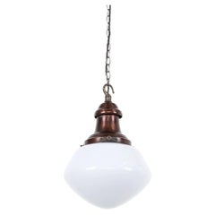 Vintage Industrial Antique Copper GEC Opaline Glass Ceiling Pendant Light c.1920