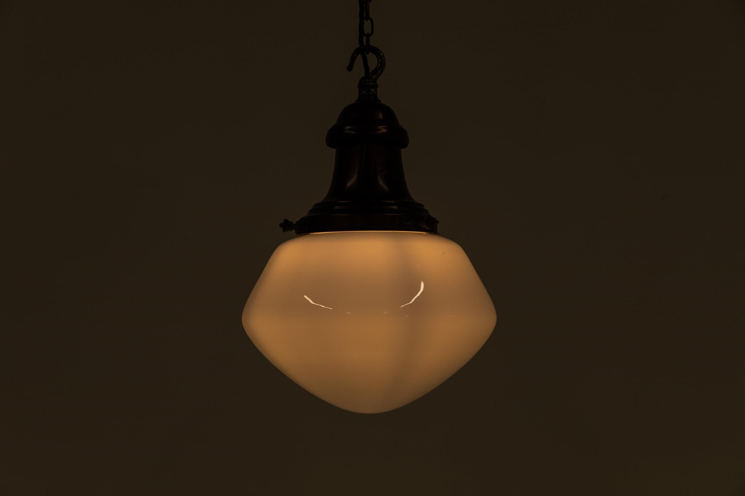 Vintage Industrial Antique Copper GEC Opaline Glass Ceiling Pendant Light c.1930 For Sale 1