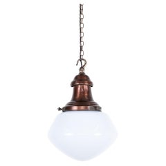 Lámpara colgante de techo vintage industrial de cobre antiguo GEC de cristal opalino c.1930