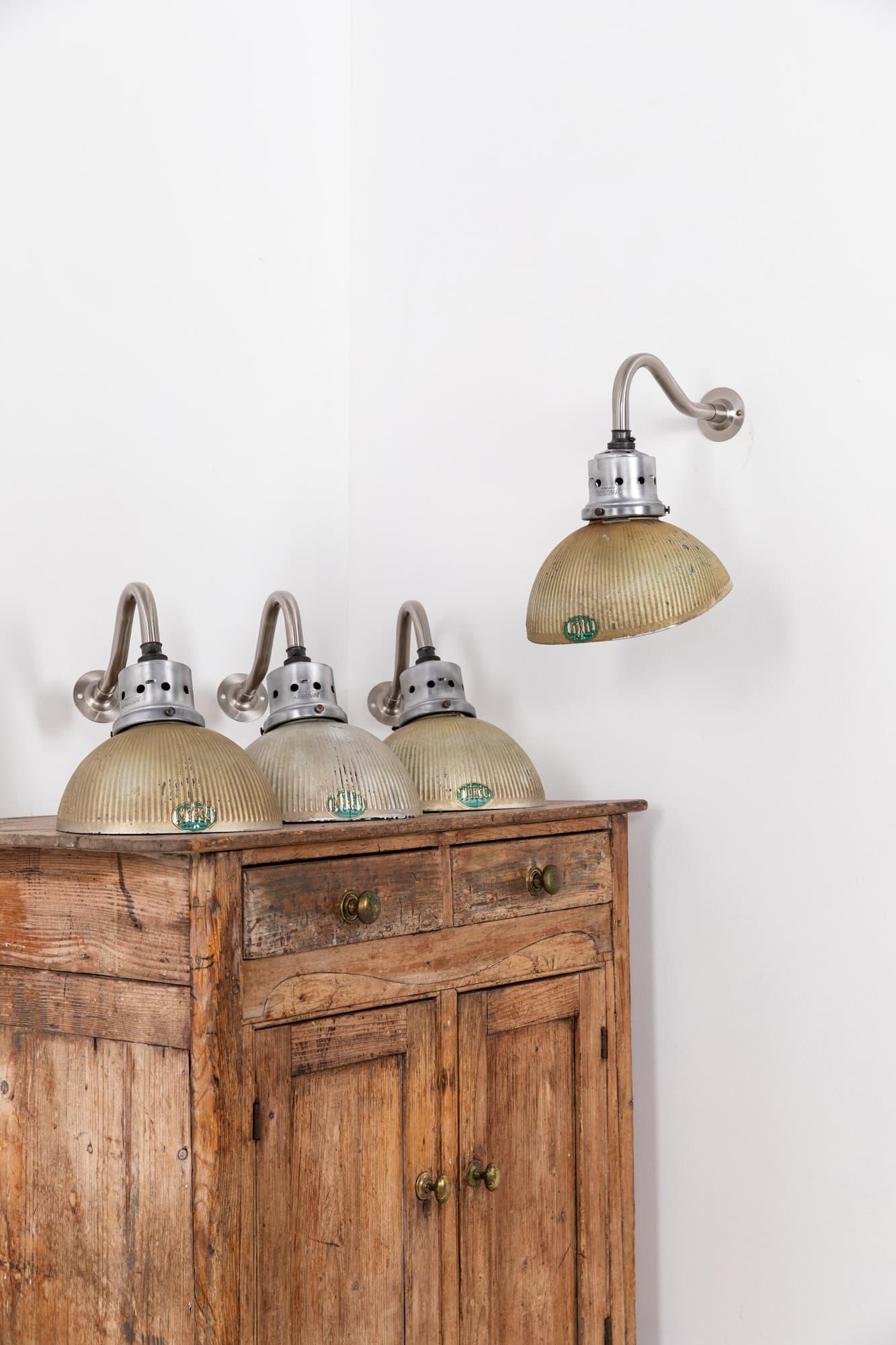 Early 20th Century Vintage Industrial Antique MORCO Mirrored Glass Wall Lights c.1940 For Sale