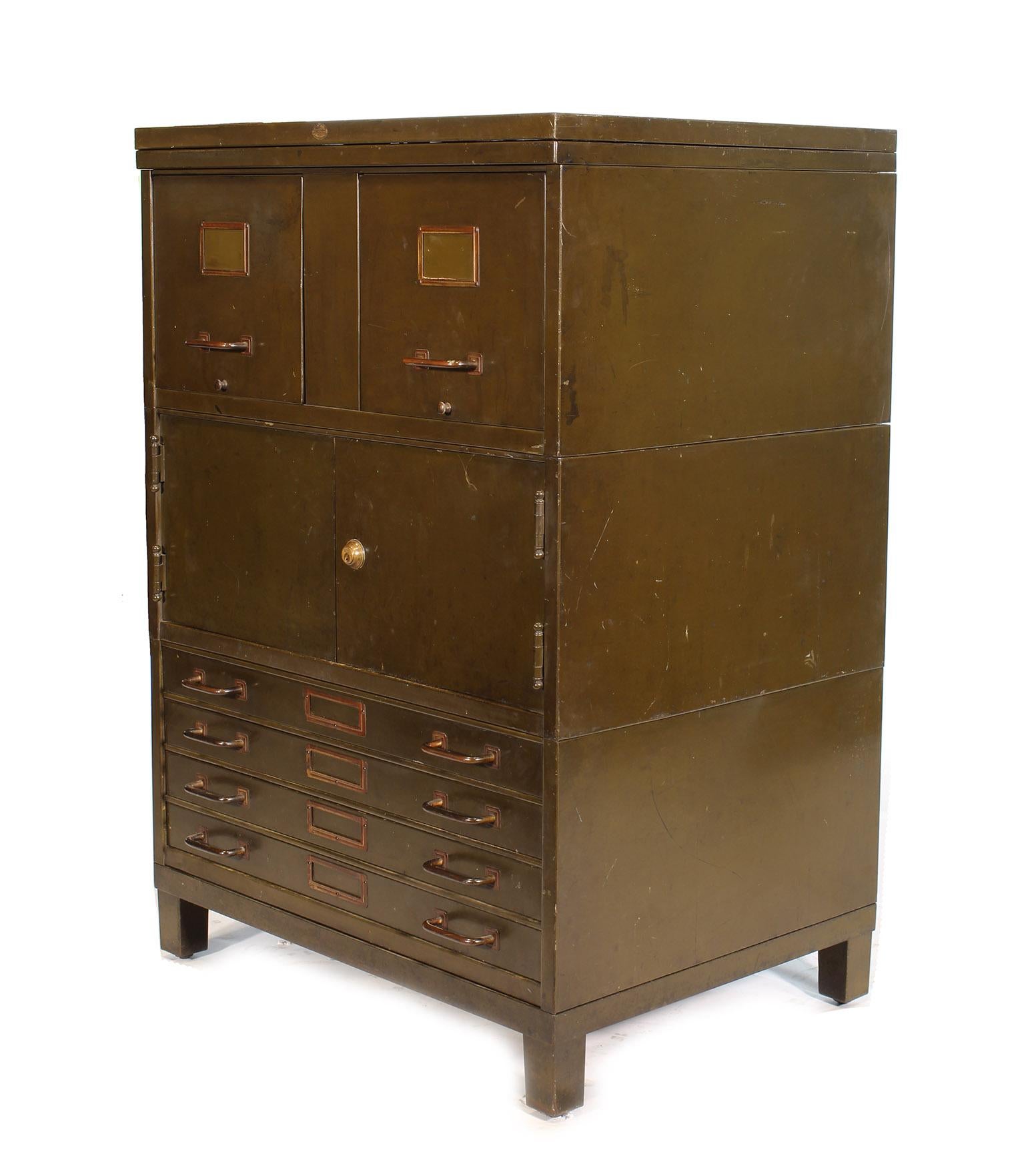 Vintage art metal filing cabinet with a storage compartment and flat file map storage. Measures 32 3/4