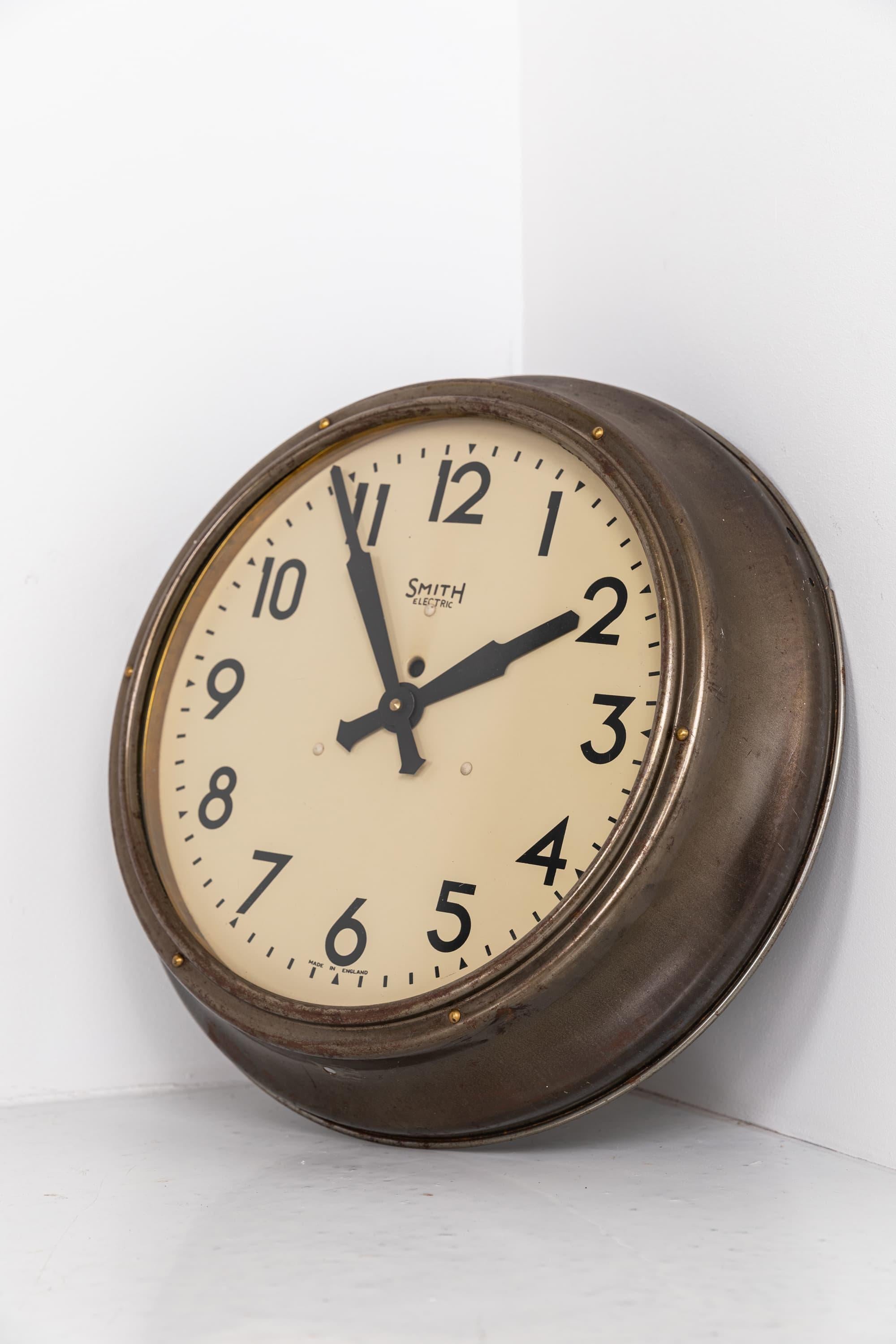 English Vintage Industrial Art Deco Brass Smiths Electric Wall Clock, circa 1930
