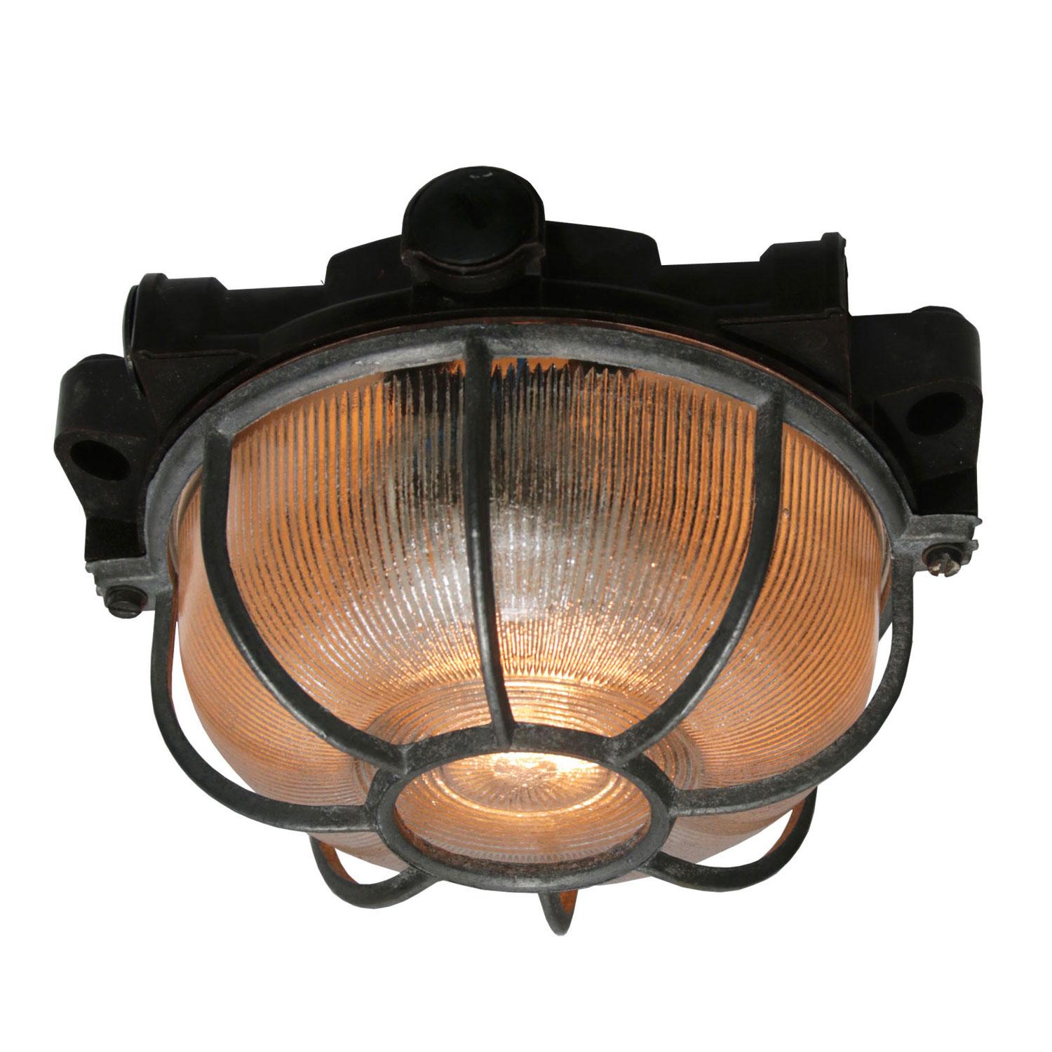 Cast Vintage Industrial Bakelite Holophane Glass Scones Wall Lights For Sale