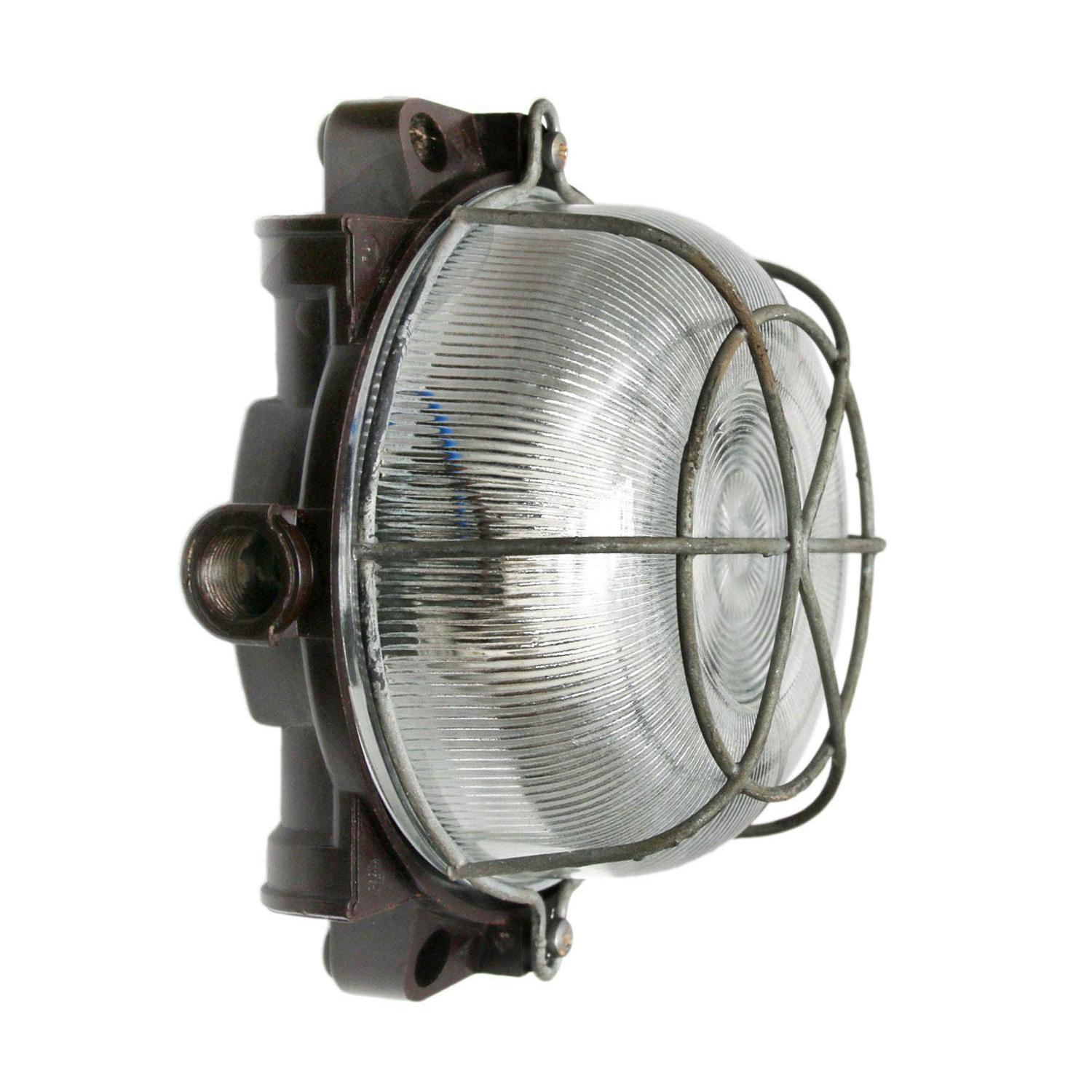 Industrial wall and ceiling Sconce. Bakelite back. 
Striped glass. Metal frame.

Weight 1.0 kg / 2.2 lb

Priced per individual item. All lamps have been made suitable by international standards for incandescent light bulbs, energy-efficient and LED