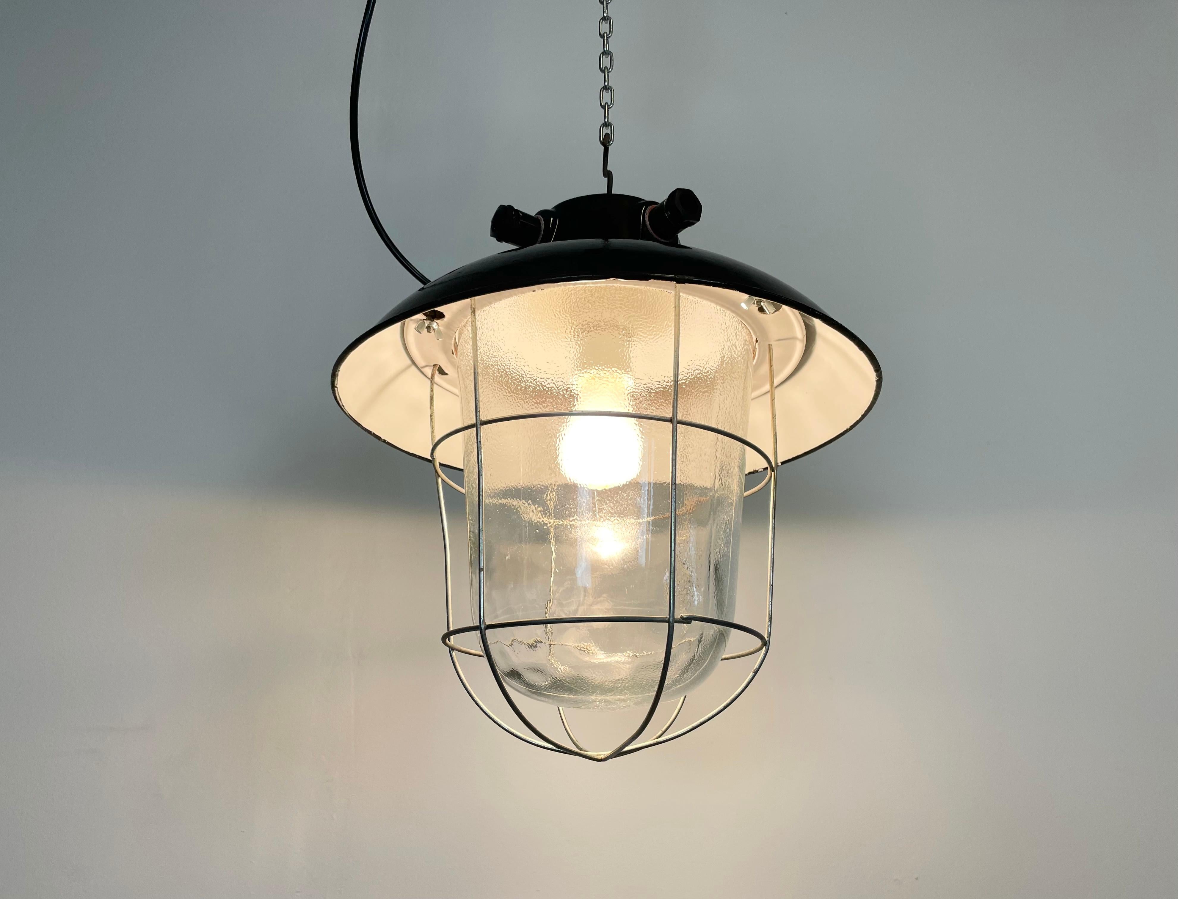 Iron Vintage Industrial Black Enamel Factory Hanging Lamp, 1960s For Sale