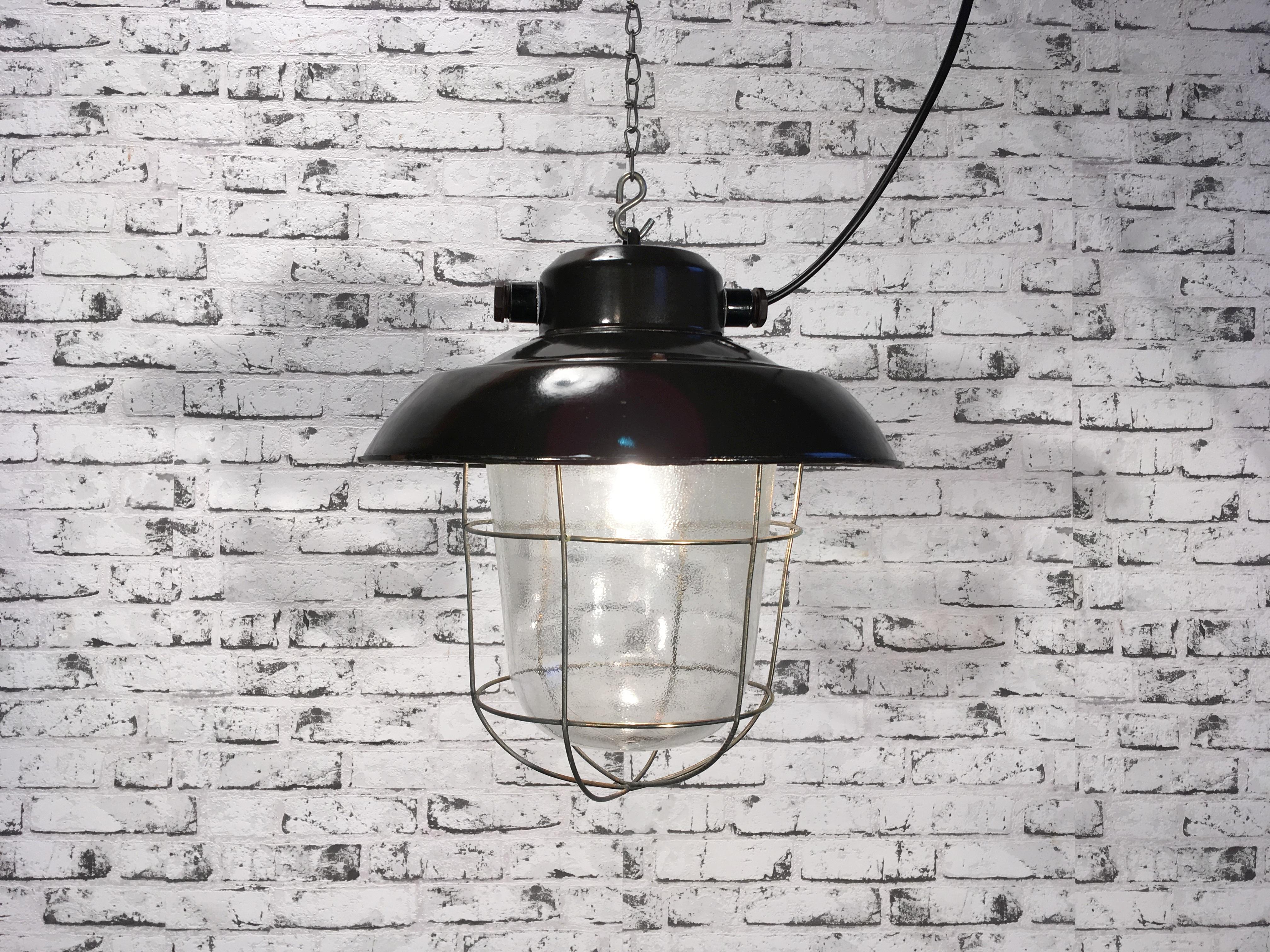 Glass Vintage Industrial Black Enamel Factory Hanging Lamp, 1960s