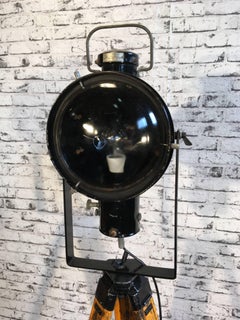 Vintage Industrial Black Enamel Lamp on Wooden Tripod