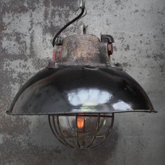 Vintage Industrial Black Enamel Pendant Lights with Cast Iron Top