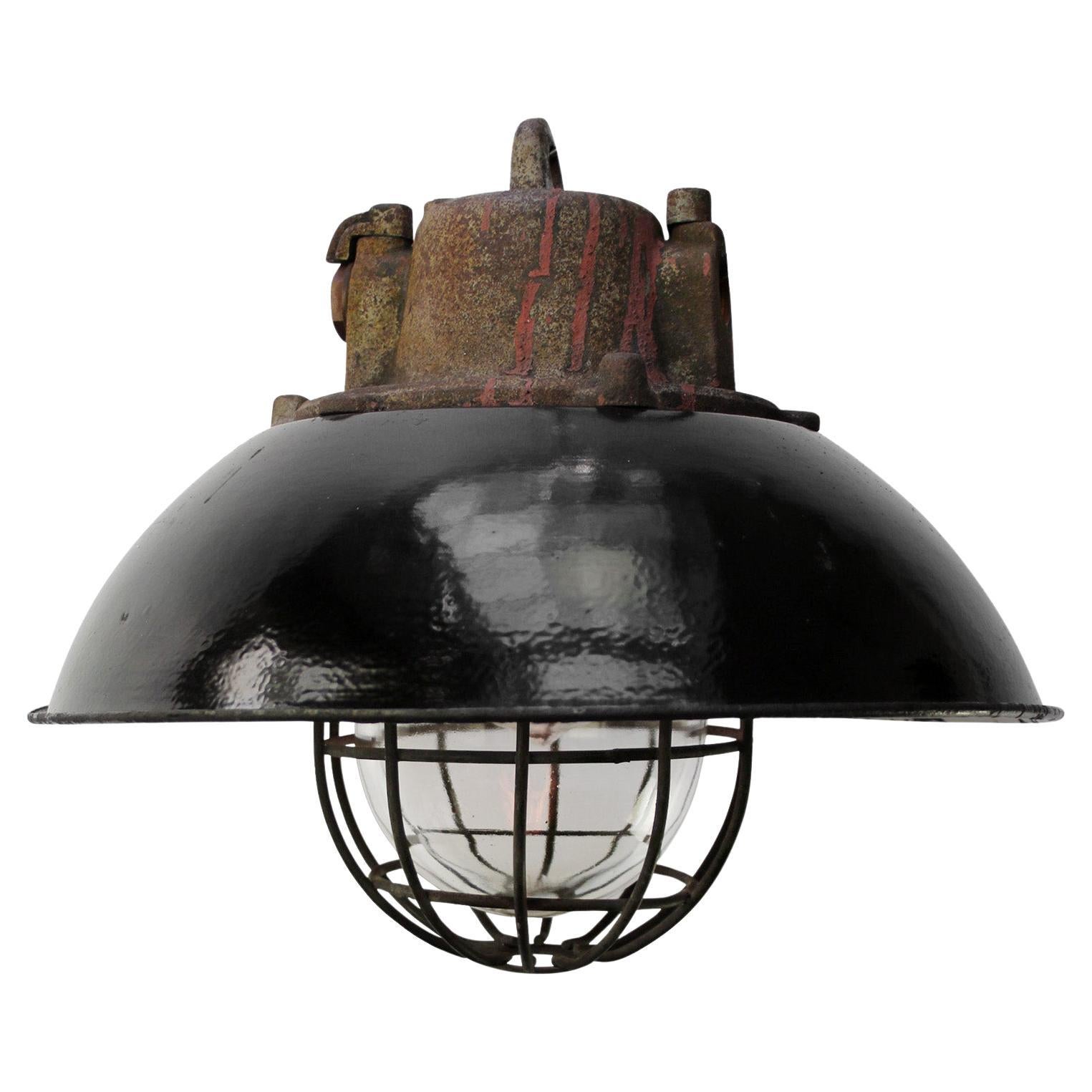 Vintage Industrial Black Enamel Pendant Lights with Cast Iron Top For Sale