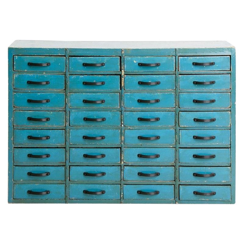 Vintage Industrial Blue Bank of Drawers For Sale