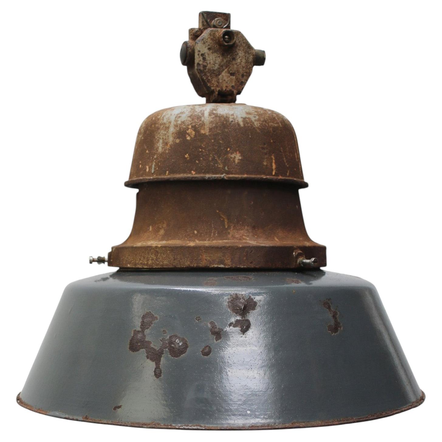 Vintage Industrial Blue Enamel Cast Iron Old Train Station Pendant Lights For Sale