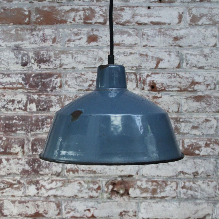 Vintage Industrial Blue Enamel Factory Pendant Lamp In Good Condition For Sale In Amsterdam, NL
