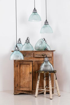 Vintage Industrial Blue Tinted Holophane Prismatic Glass Pendant Light. 1930