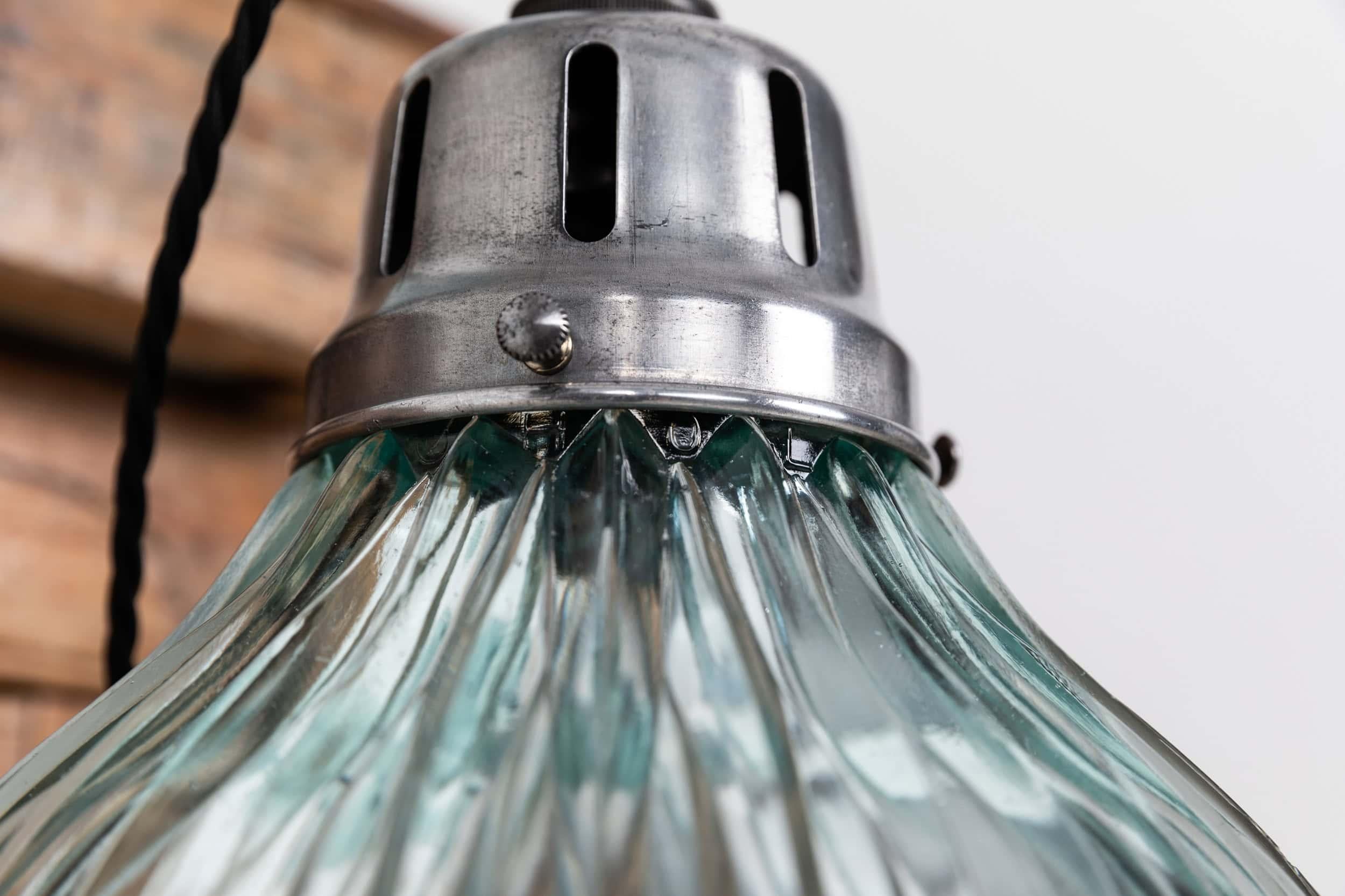 Vintage Industrial Blue Tinted Holophane Prismatic Glass Pendant Light. 1930 (Industriell) im Angebot