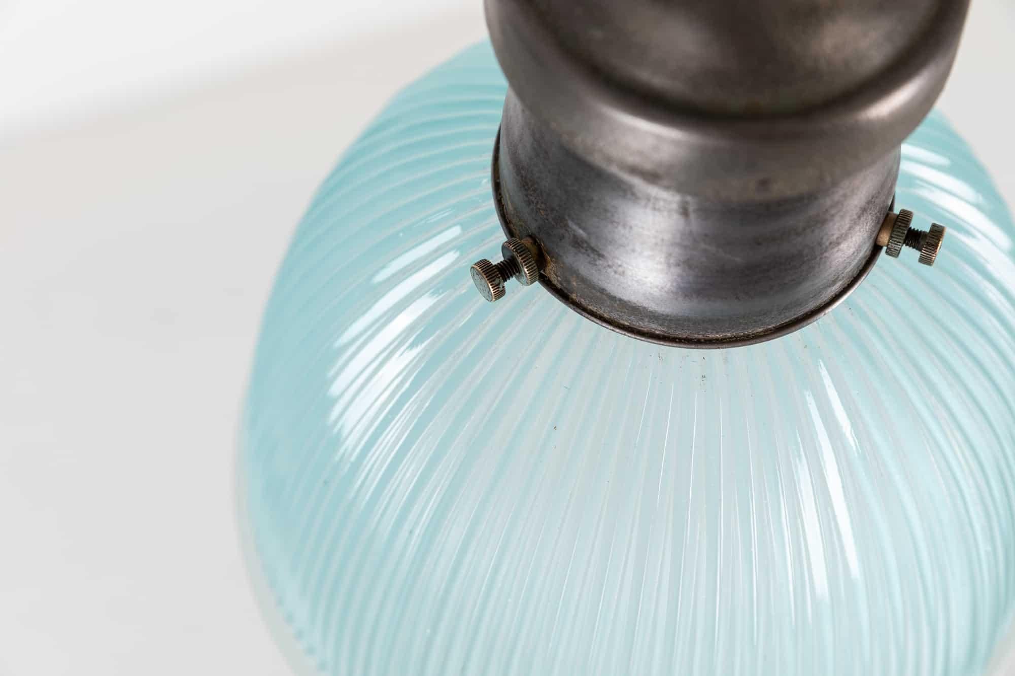 Cast Vintage Industrial Blue Tinted Holophane Prismatic Glass Pendant Light. 1930 For Sale