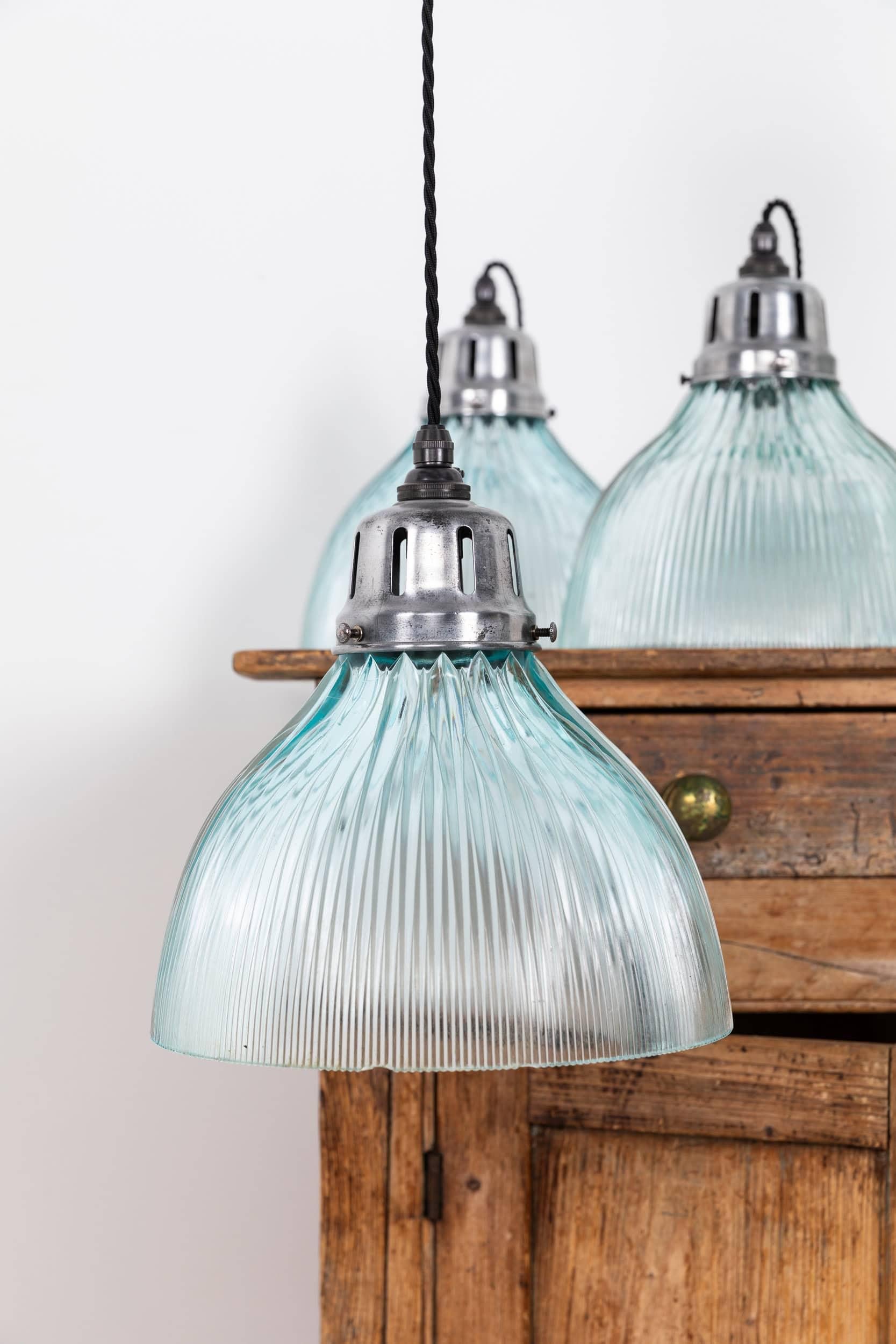 Vintage Industrial Blue Tinted Holophane Prismatic Glass Pendant Light. 1930 (Englisch) im Angebot