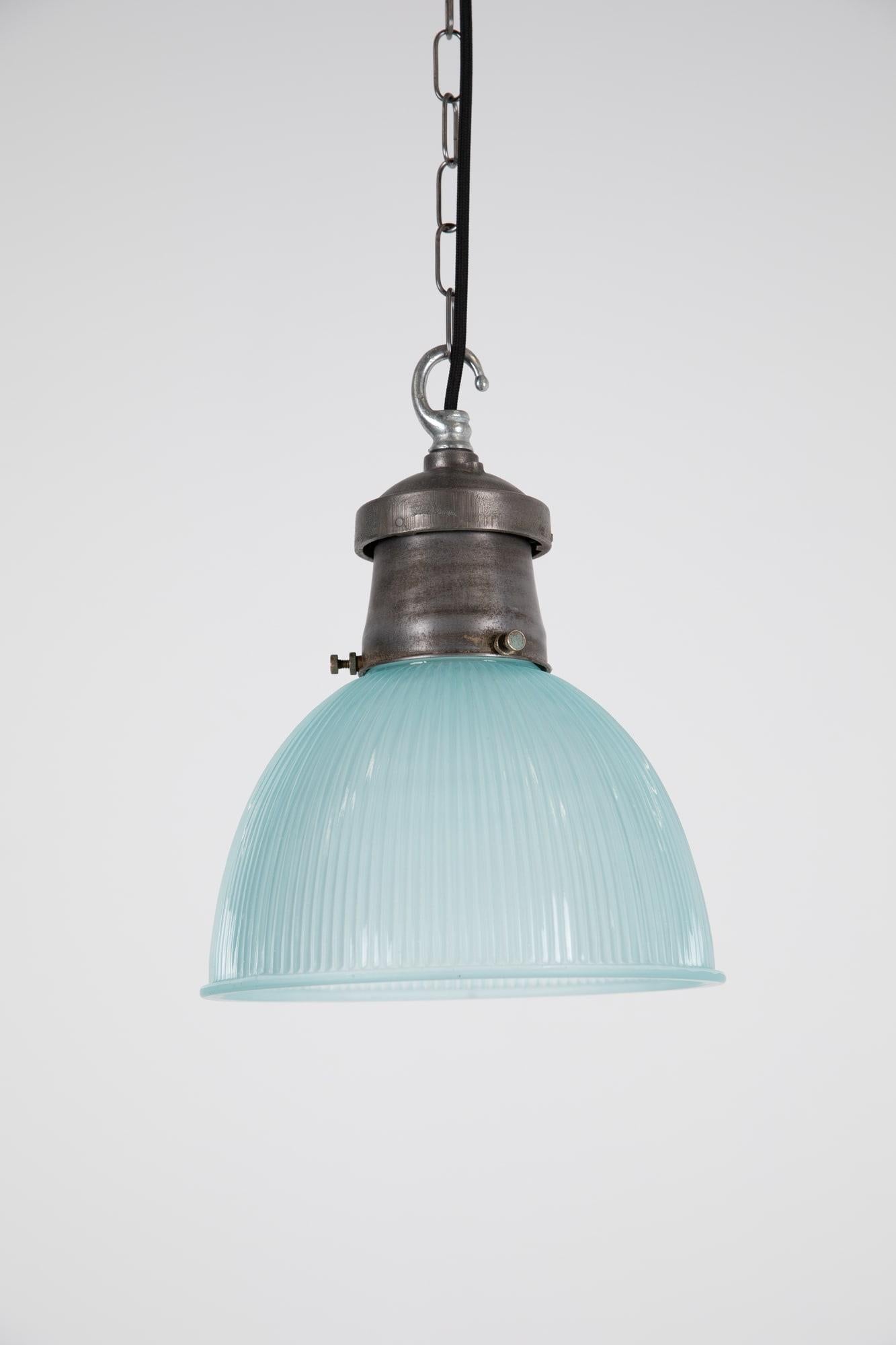 Vintage Industrial Blue Tinted Holophane Prismatic Glass Pendant Light. 1930 In Fair Condition For Sale In London, GB