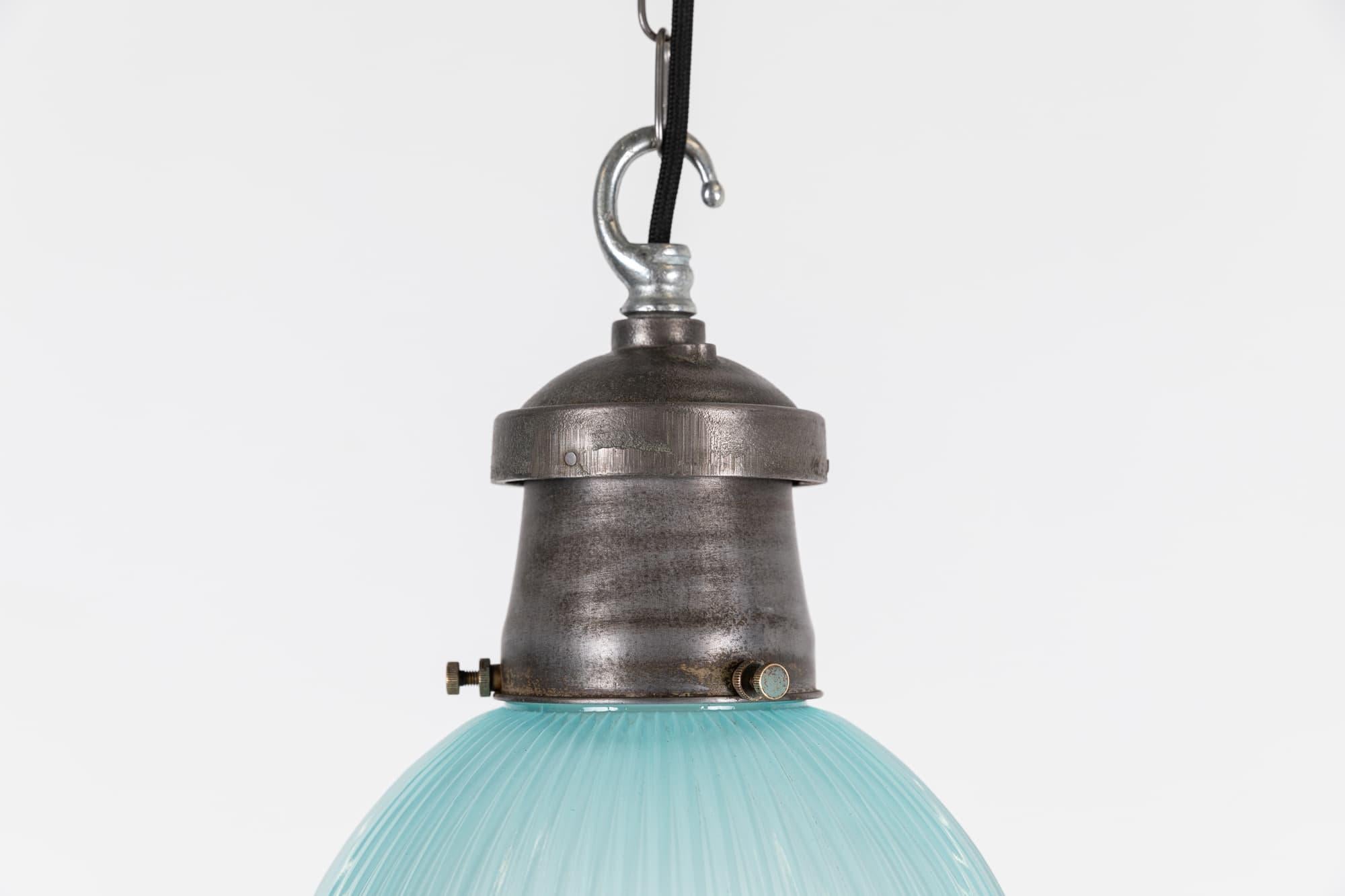 Mid-20th Century Vintage Industrial Blue Tinted Holophane Prismatic Glass Pendant Light. 1930 For Sale
