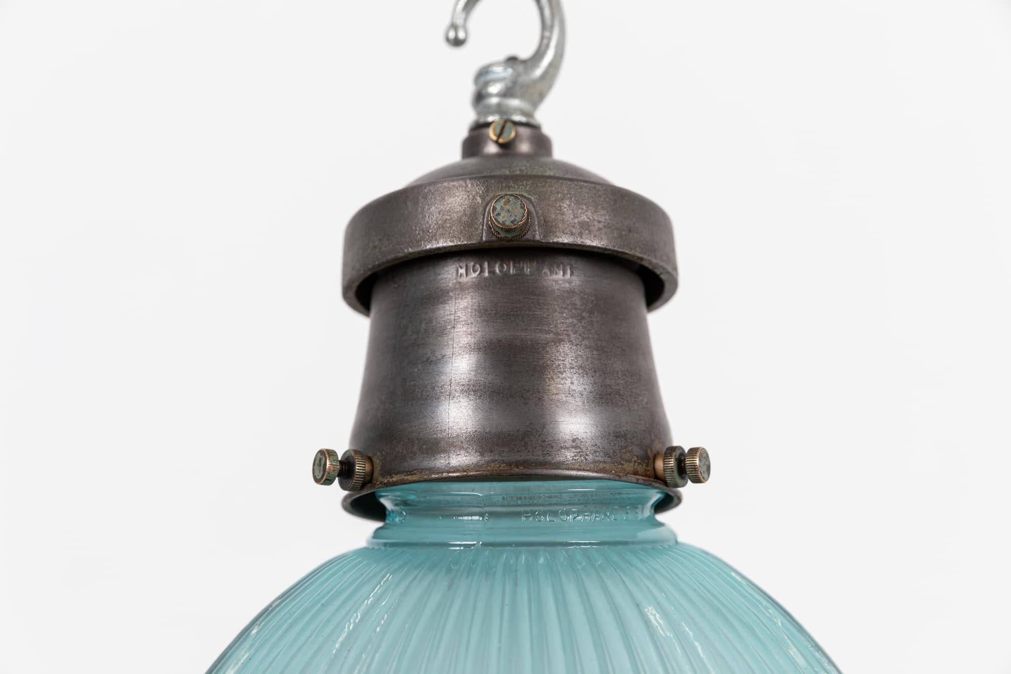 Steel Vintage Industrial Blue Tinted Holophane Prismatic Glass Pendant Light. 1930 For Sale