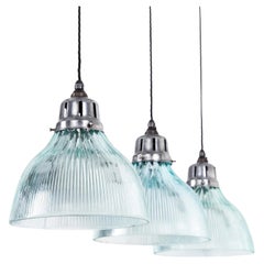 Vintage Industrial Blue Tinted Holophane Prismatic Glass Pendant Light. 1930