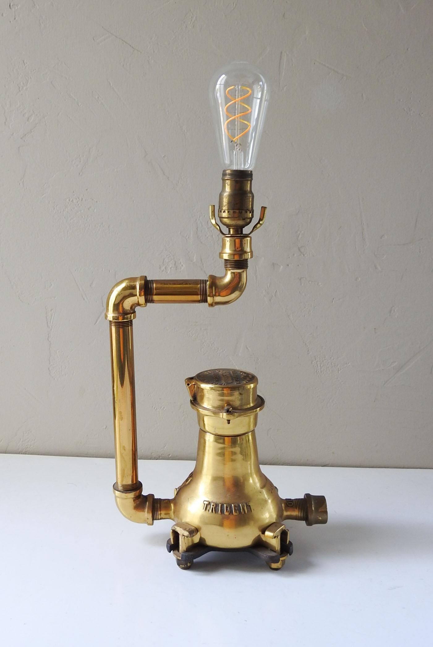 Vintage Industrial Brass Pipe & Meter Table Lamp For Sale 1