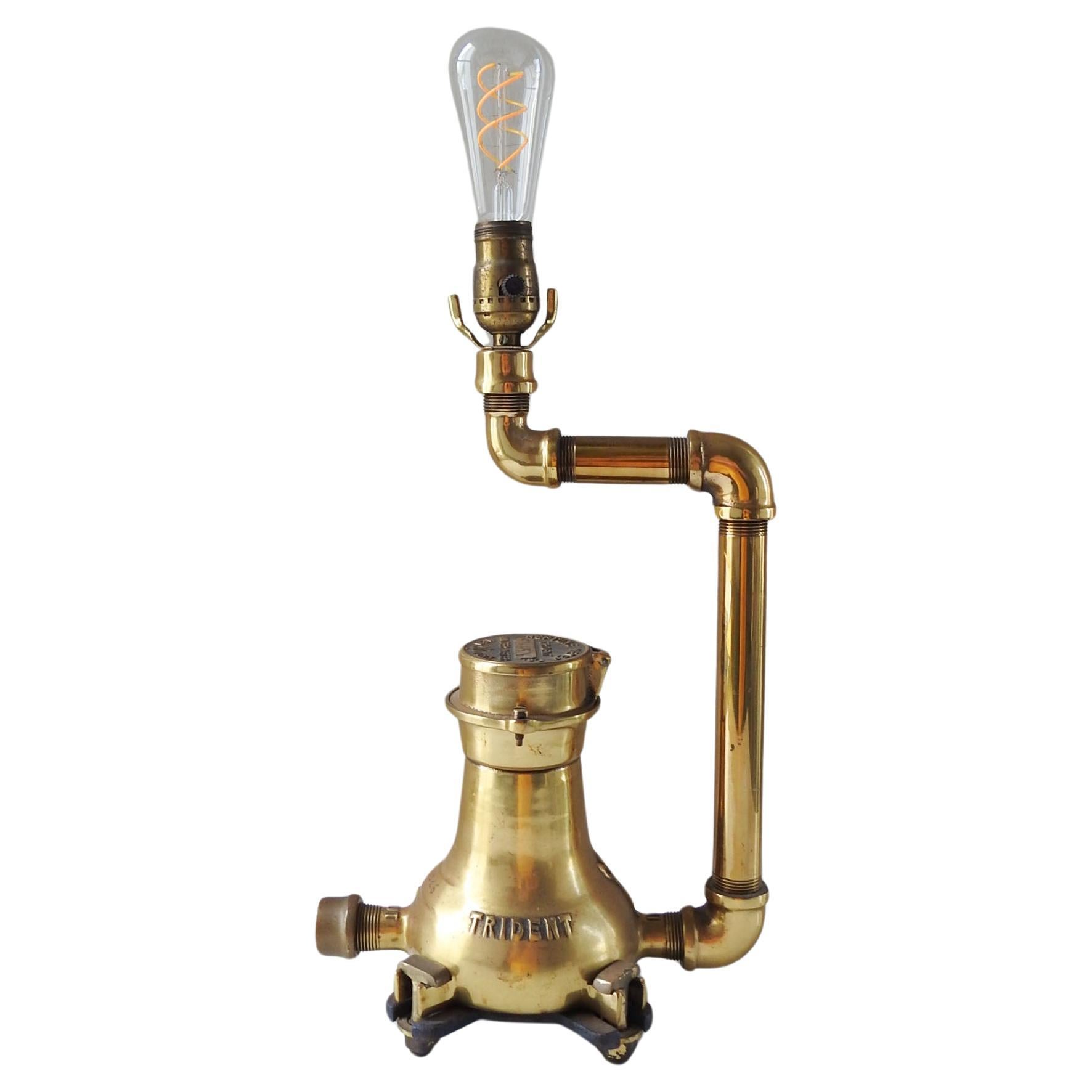 Vintage Industrial Brass Pipe & Meter Table Lamp For Sale