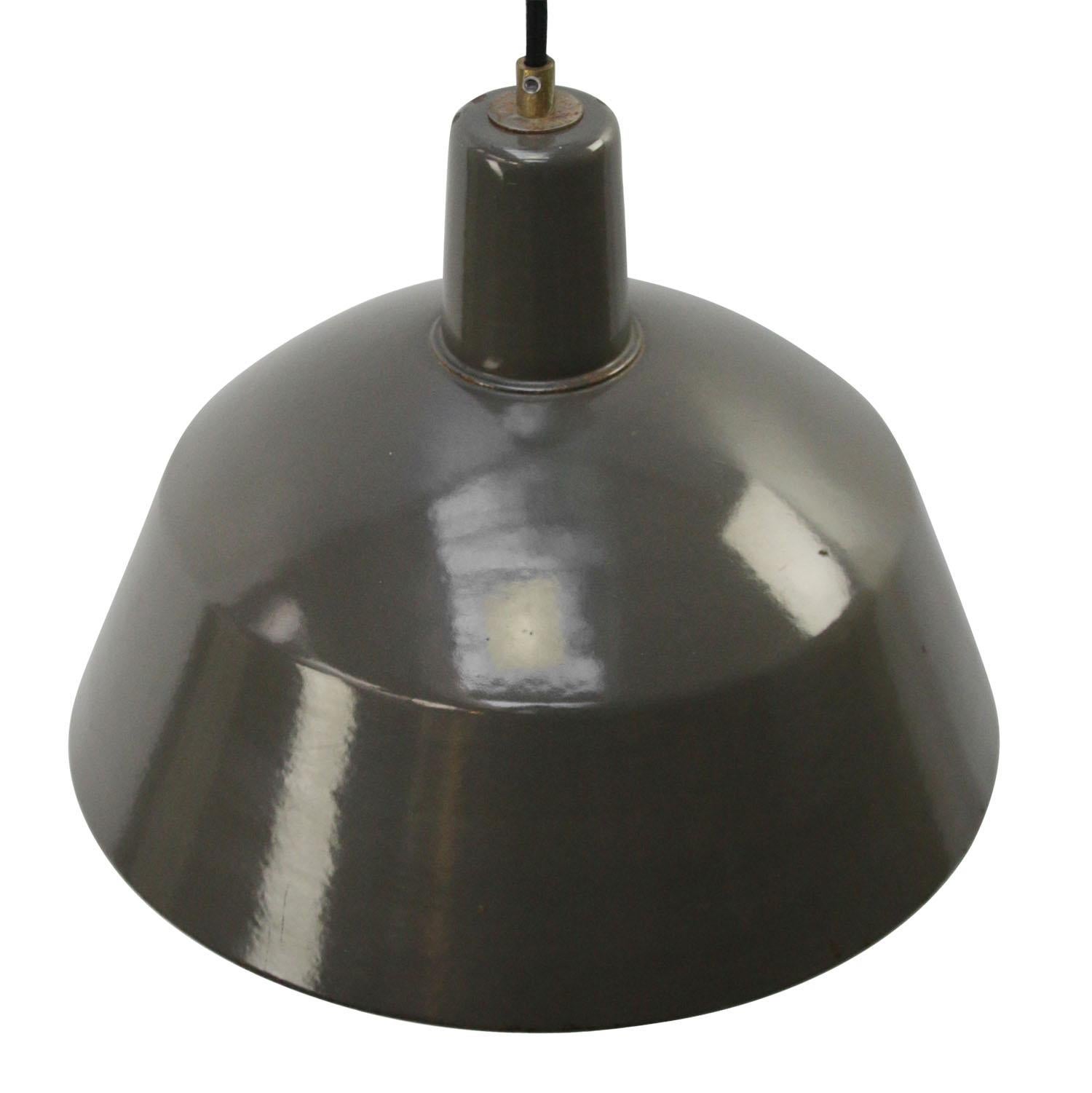 Factory hanging lamp
Brown enamel with white type, white interior

Weight: 2.00 kg / 4.4 lb

Priced per individual item. All lamps have been made suitable by international standards for incandescent light bulbs, energy-efficient and LED bulbs.