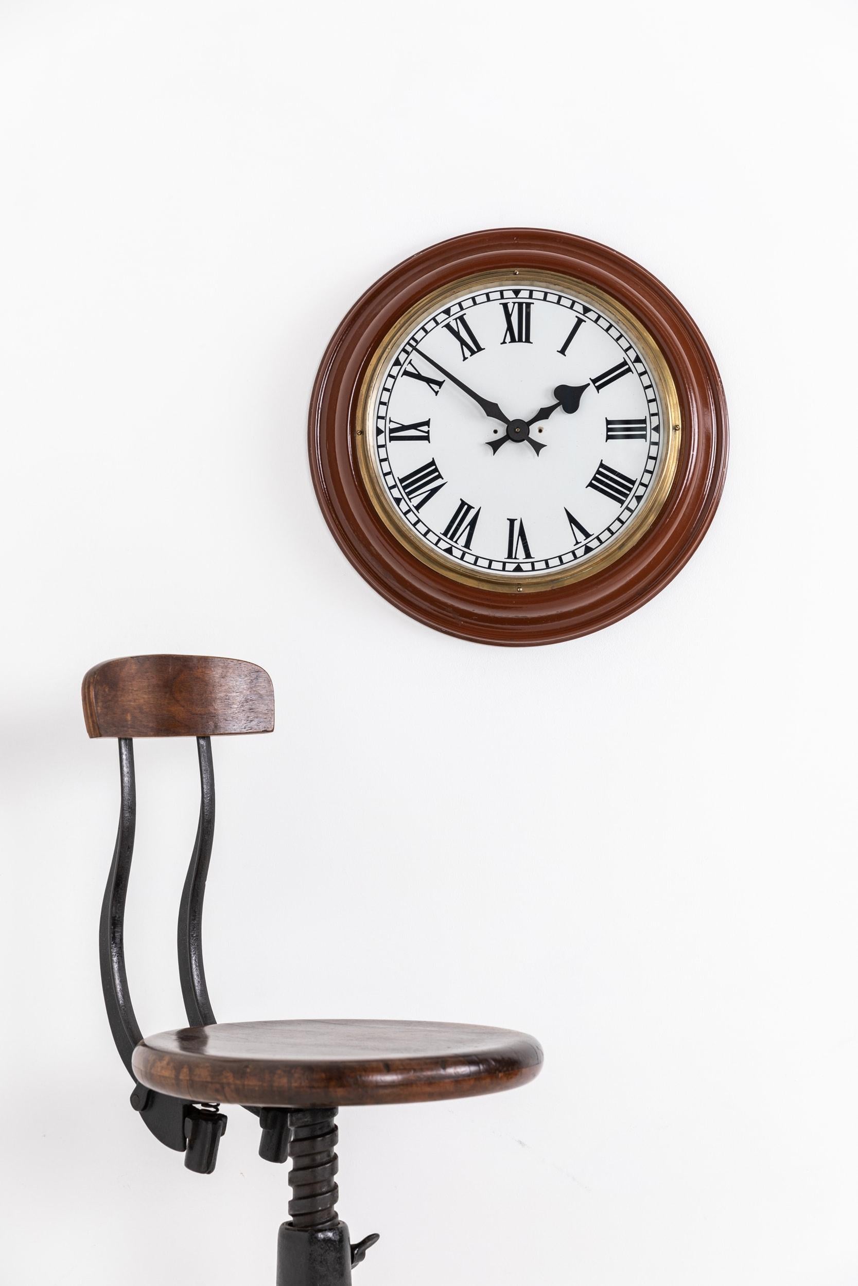 Vintage Industrial Brown Enamel Synchronome Factory Wall Clock, c.1930 For Sale 1