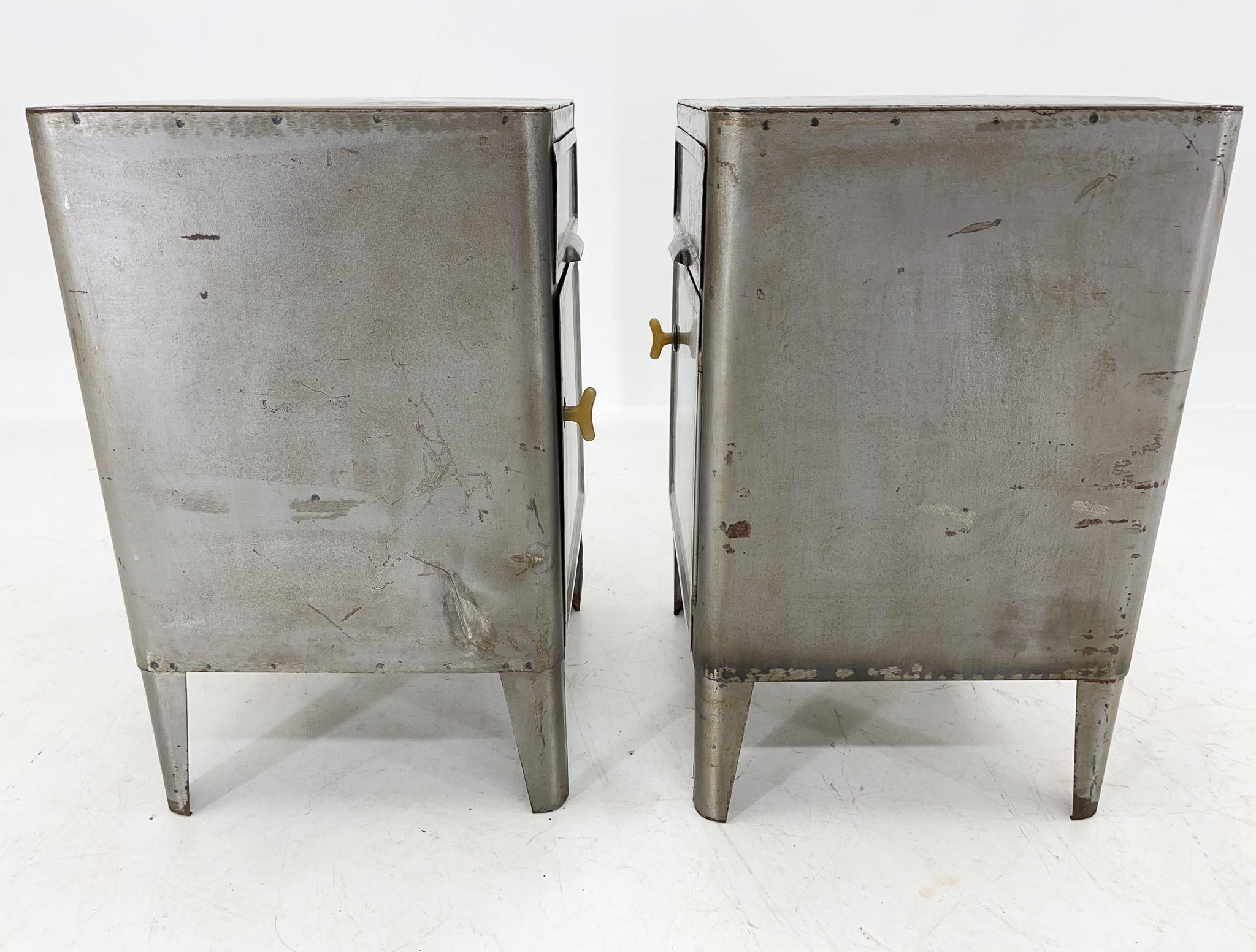 Early 20th Century Vintage Industrial Brushed Steel Nightstands, 1920's For Sale