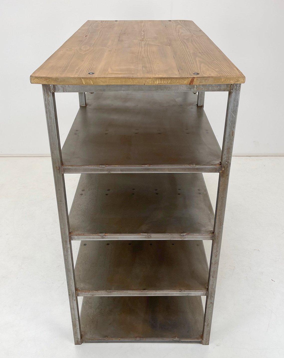 Czech Vintage Industrial Brushed Steel Shelves with Wooden Top For Sale