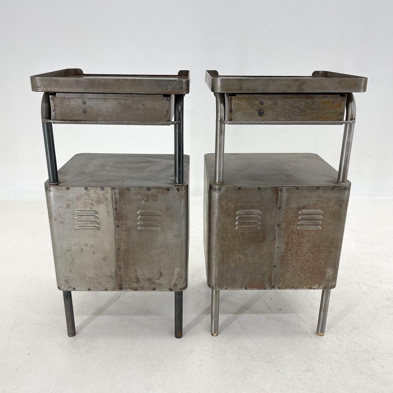 Vintage Industrial Brushed Steel Tall Nightstands, 1920's For Sale at