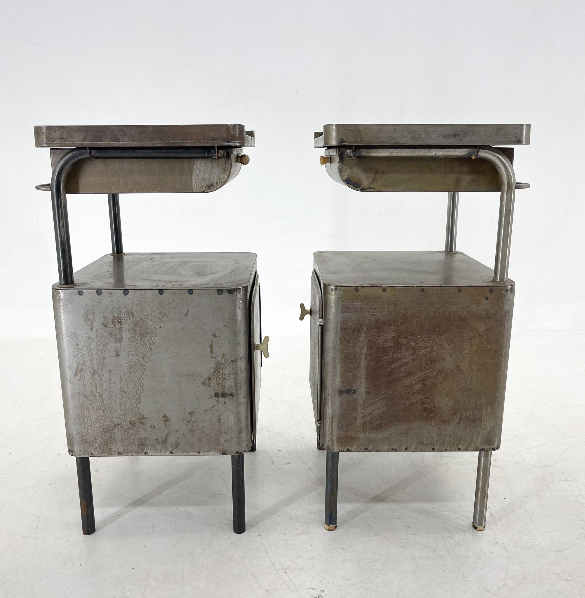 Czech Vintage Industrial Brushed Steel Tall Nightstands, 1920's