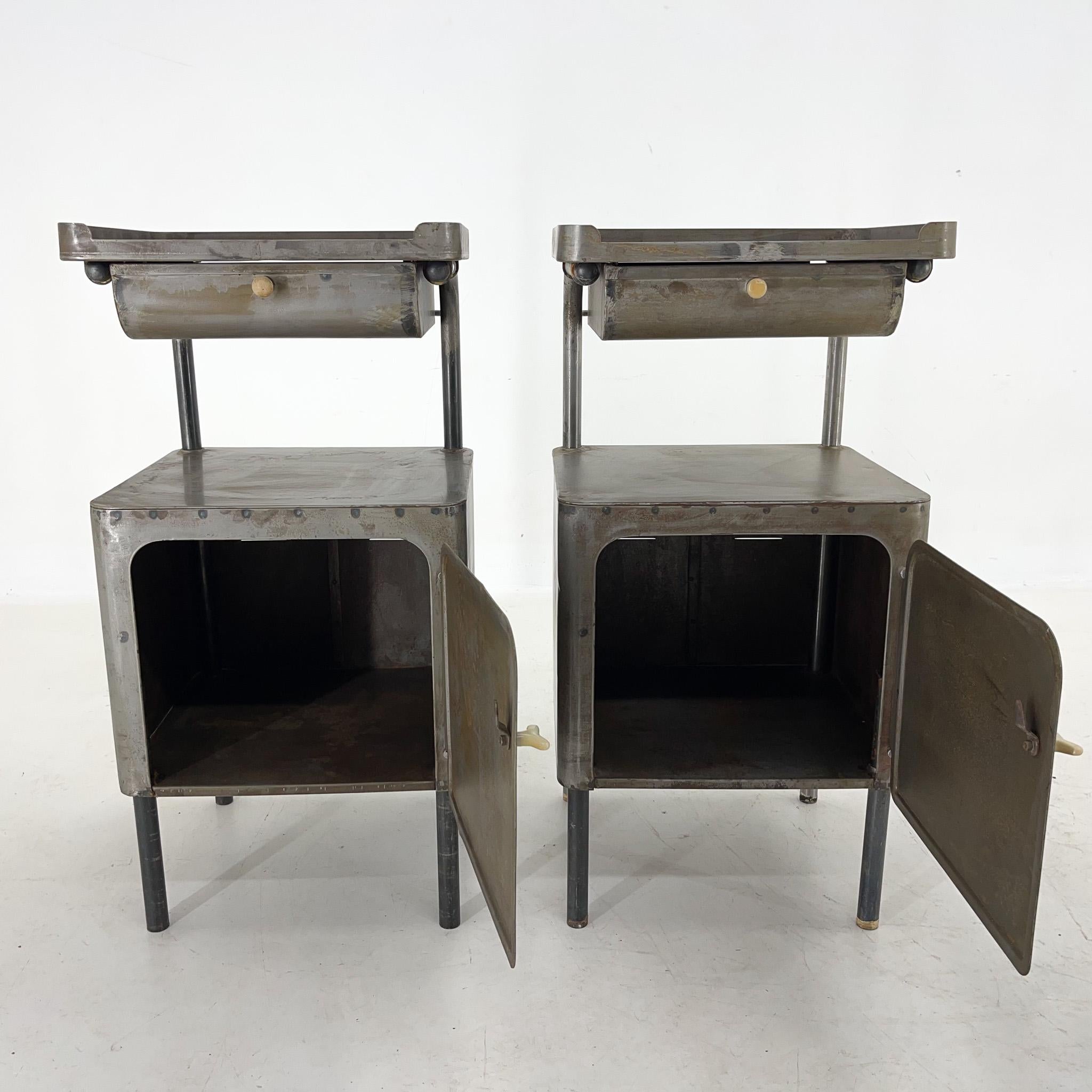 Vintage Industrial Brushed Steel Tall Nightstands, 1920's In Good Condition In Praha, CZ