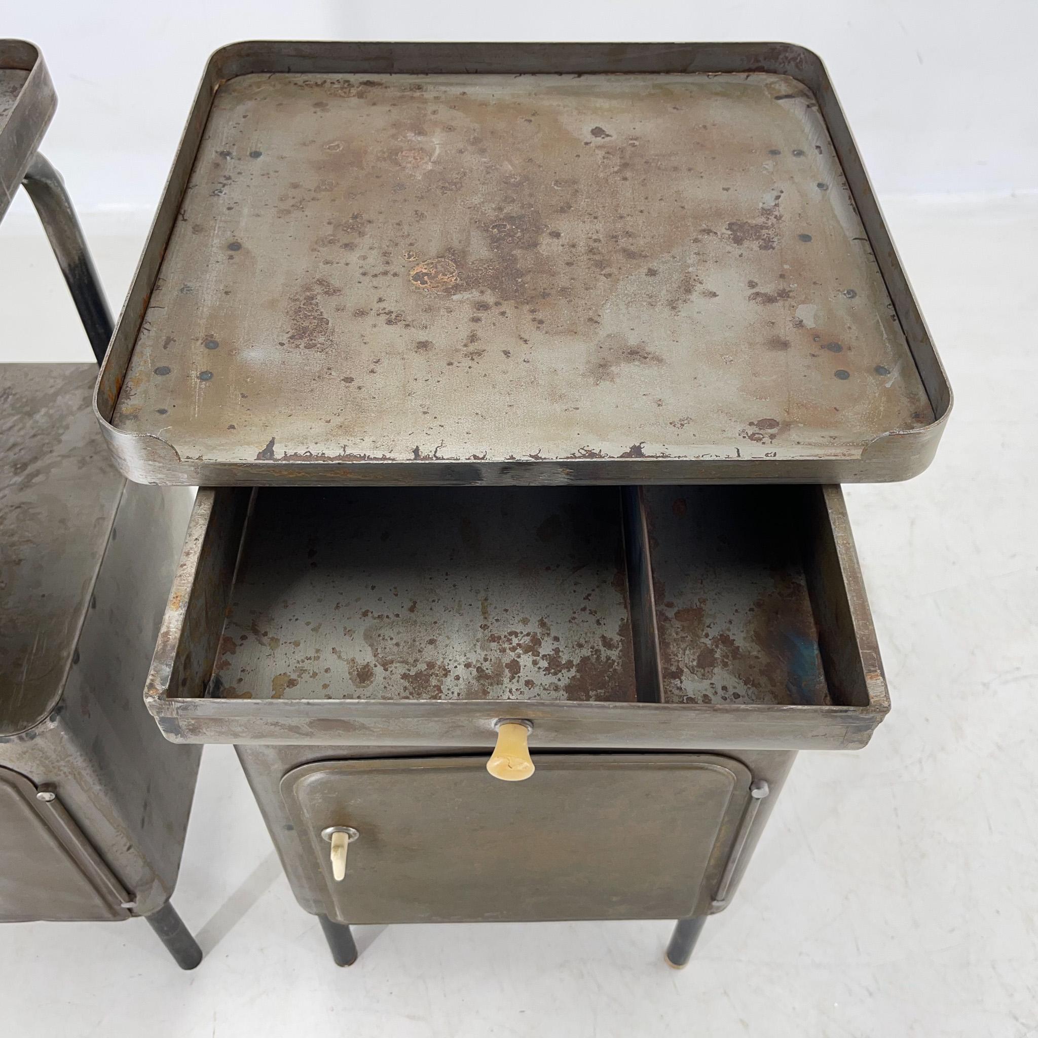 Early 20th Century Vintage Industrial Brushed Steel Tall Nightstands, 1920's