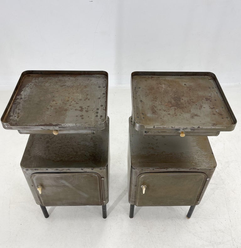 Vintage Industrial Brushed Steel Tall Nightstands, 1920's For Sale at