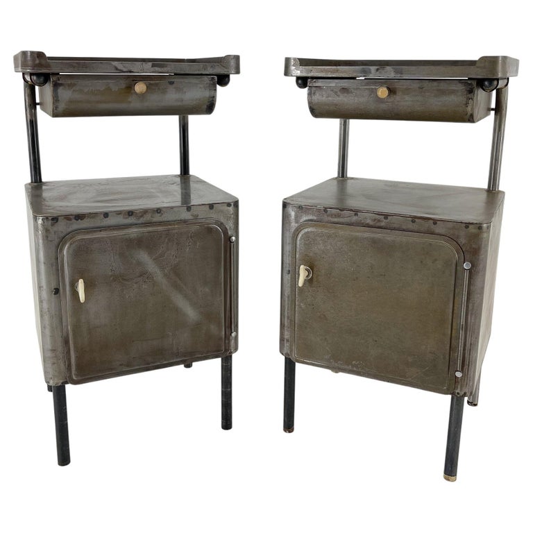 Vintage Industrial Brushed Steel Tall Nightstands, 1920's For Sale at