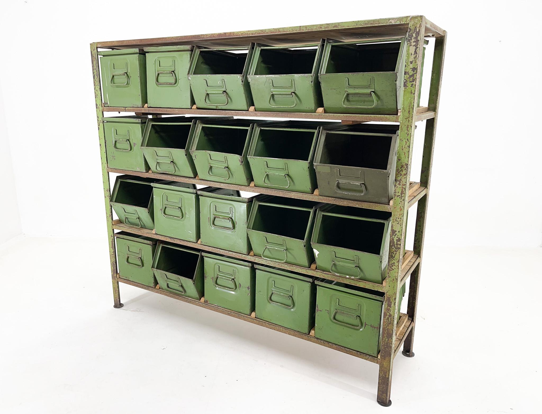 Czech Vintage Industrial Cabinet, 20 Iron Drawers, Wooden Top, 1950s
