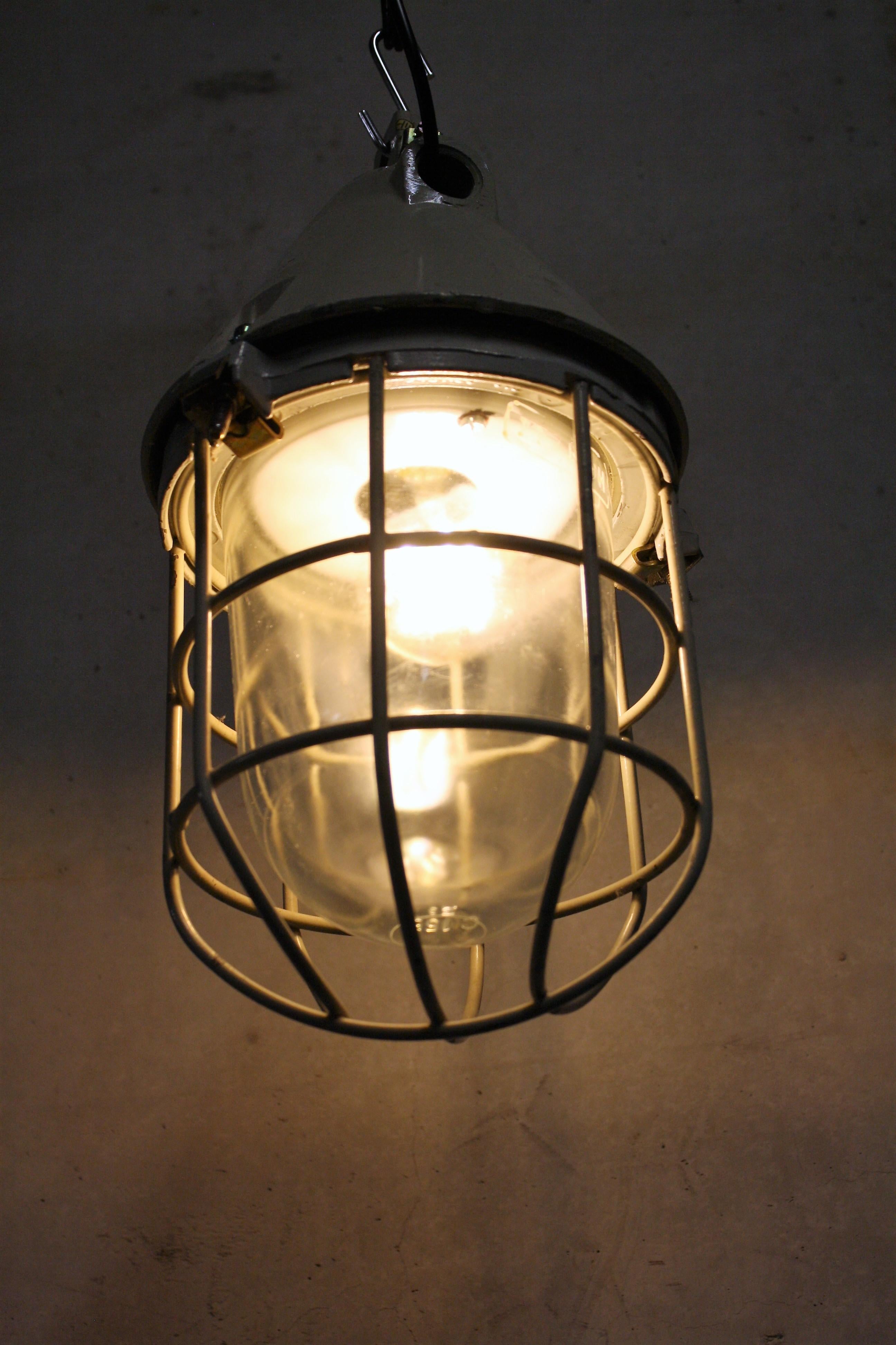 Vintage Industrial Caged Bully or Bunker Lamp by EOW Germany In Good Condition In HEVERLEE, BE