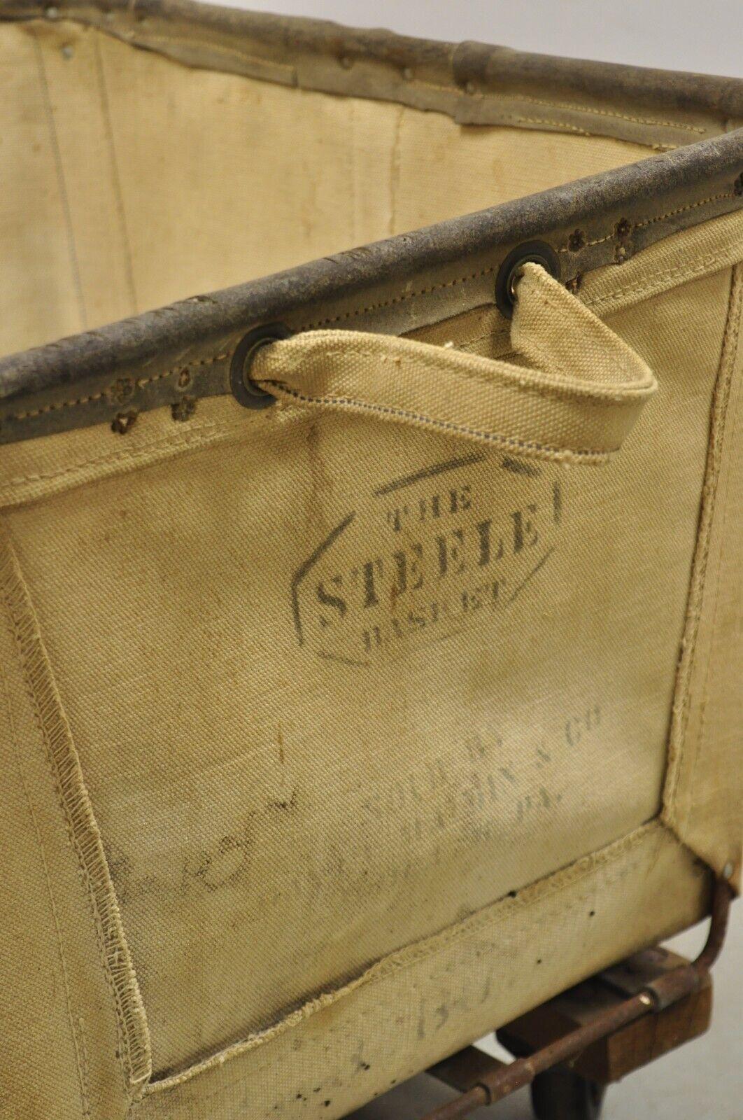 Vintage Industrial Canvas Rolling Storage Laundry Bin by Steel on Wheels In Good Condition For Sale In Philadelphia, PA